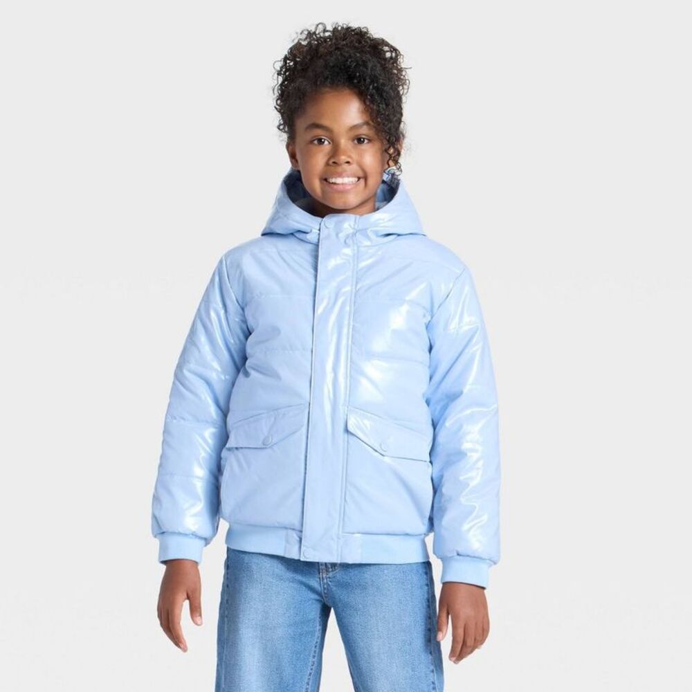 Girls' Hooded Puffer Jacket - Cat & Jack Light Blue XL